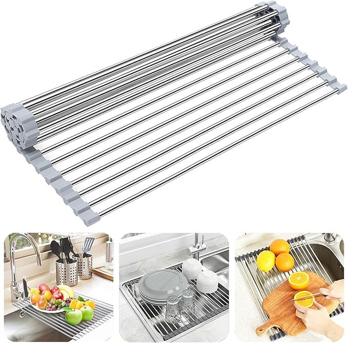 Searik Roll up Dish Drying Rack, Over The Sink Rolling Dish Drainer Rack Multipurpose Foldable Kitchen Stainless Steel Dish Rack Sink Drying Rack for Kitchen Sink Counter (17"x 15.7")