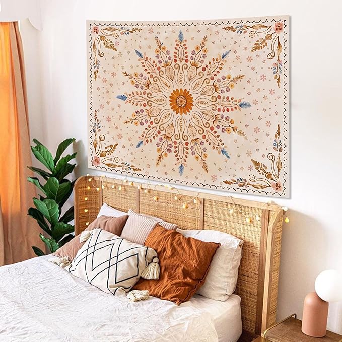 Fowocu Boho Floral Mandala Tapestry for Bedroom Aesthetic Watercolor Bohemian Flower Wall Tapestry Brown Beige Hippie Indian Small Tapestries Wall Hanging for Living Room Dorm Decor 40 x 30 Inch