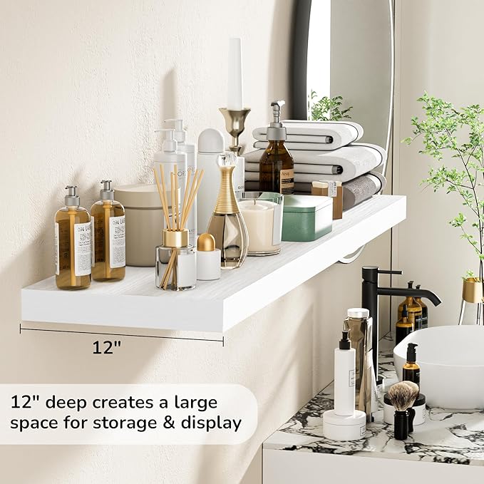 Fun Memories Floating Shelves - 12 Inch Rustic Wooden Wall Shelves - Extra Deeper & Thicker Wall Mounted Storage Shelf for Living Room, Kitchen, Farmhouse - 48" W x 12" D x 1.8" H - White