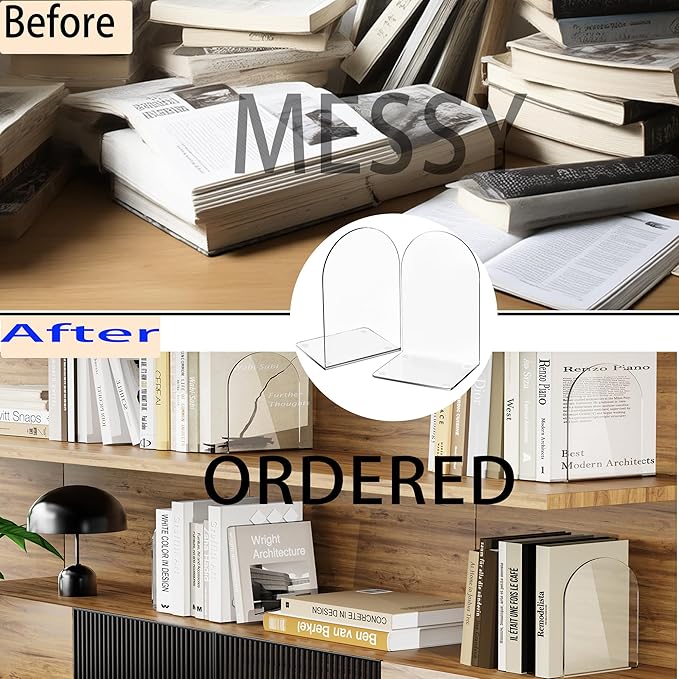 Lulonpon 16 Pieces Book Ends, Bookends, Books End for Shelves, Books End for Heavy Books, Clear Bookends, Acrylic Book Ends for School, Library,Desktop Organizer and Book Shelves