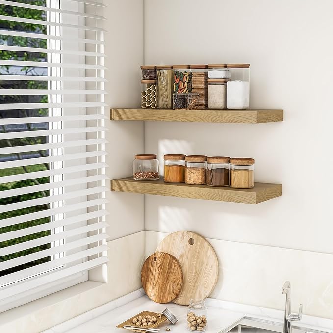 RICHFOCUS 31.5Inch Floating Shelves for Wall 2 Pack Shelves for Bedroom|Kitchen|Bathroom Wall Mounted Rustic Wood Floating Shelf with Invisible Brackets for Books|Storage|Decor, Oak
