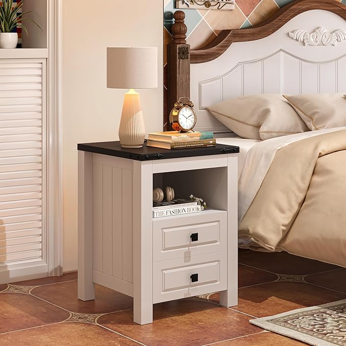 Farmhouse End Table Set of 2 with Charging Station - Apicizon Nightstands