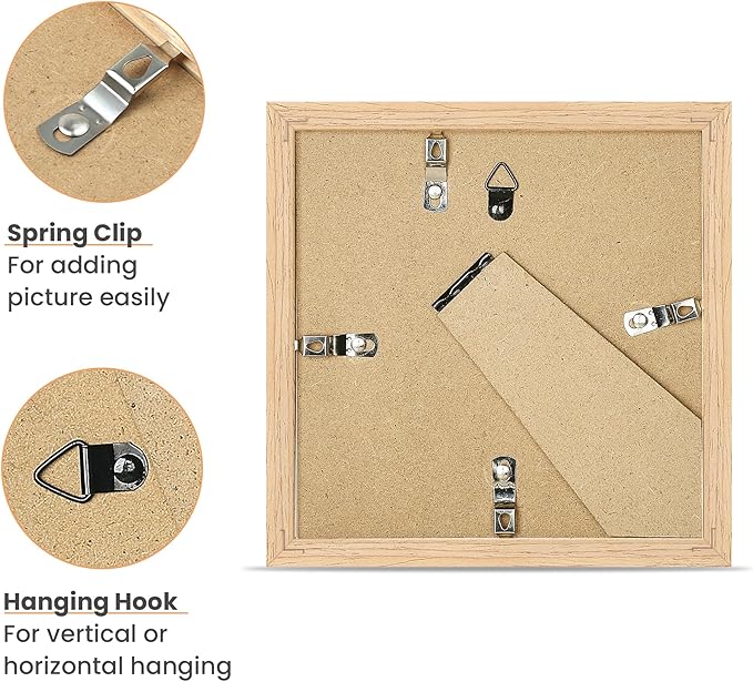 upsimples 6x6 Picture Frame, Natural Solid Wooden Picture Frames, Display 4x4 with Mat or 6 x 6 Without Mat, Wall or Tabletop, 1 Pack, Natural