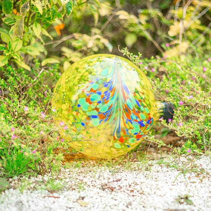 VCUTEKA Gazing Ball, Glass Gazing Balls Sphere for Garden Lawn Outdoor Ornament Yard Decorative, Yellow Swirl, 10"