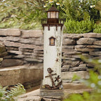Linfevisi Wood Lighthouse Decor Rustic LED Light House Decor Wooden Decorative Nautical Lighthouse Statue Coastal Beach Themed Lighthouse Handcrafted Tabletop Decoration Home Bathroom (14.75")