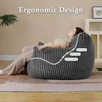 Giant Plush Bean Bag Chair for Adults with Armrests - Oversized Comfy Grey Beanbag Lounge Lazy Floor Sofa Accent Chair for Living Room, Bedroom & Dorm, Cozy Fluffy Single Cloud Mini Couch