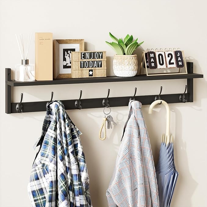 BAMEOS 35 Inch Wall Hooks With Shelf - Entryway Hanging Wood Coat Rack With 7 Dual Hooks for Bathroom, Living Room, Bedroom (Black)