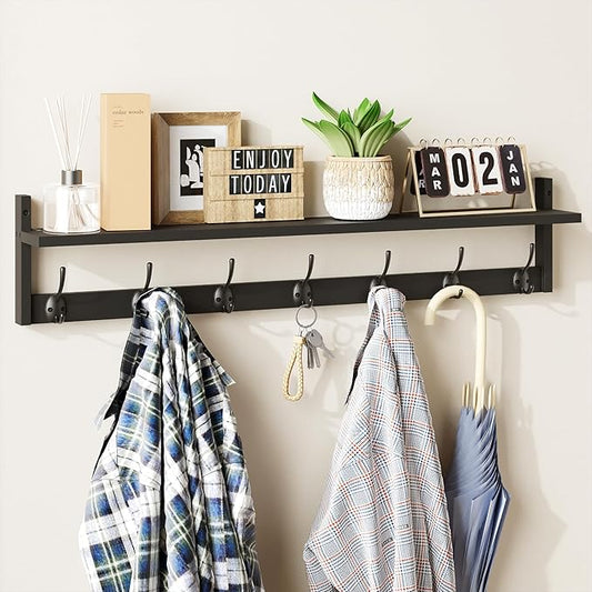 BAMEOS 35 Inch Wall Hooks With Shelf - Entryway Hanging Wood Coat Rack With 7 Dual Hooks for Bathroom, Living Room, Bedroom (Black)