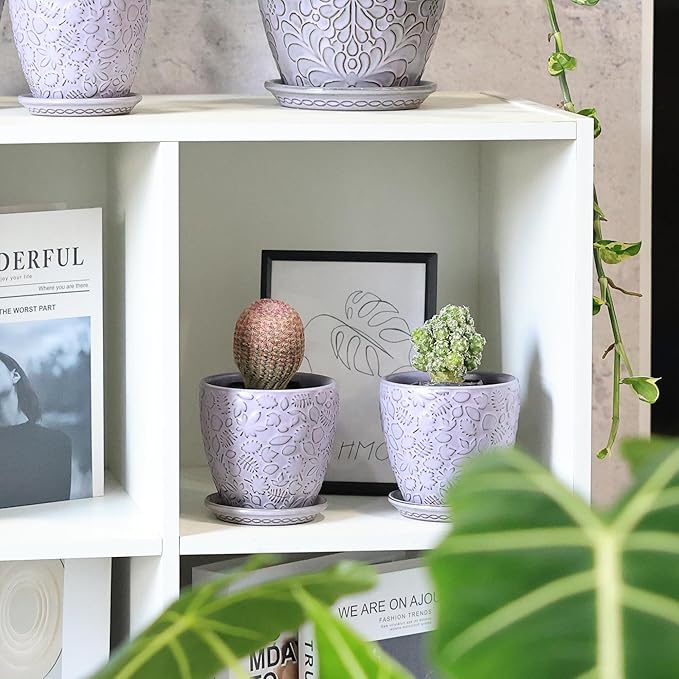 4 Inch Retro Ceramic Planter Set of 4 with Drainage Hole and Saucer for Plants, Indoor-Outdoor Small Garden Pots for Succulent, Herb and Flower (Fits Inner Pots Up to 3 Inch, Retro Purple)