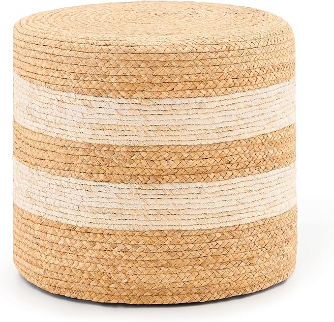 Handwoven Ottoman Pouf, Natural Water Hyacinth Footstool, Round Braided Outdoor Seat with Sturdy Frame, Boho Accent Stool for Patio, Balcony, or Garden (White)