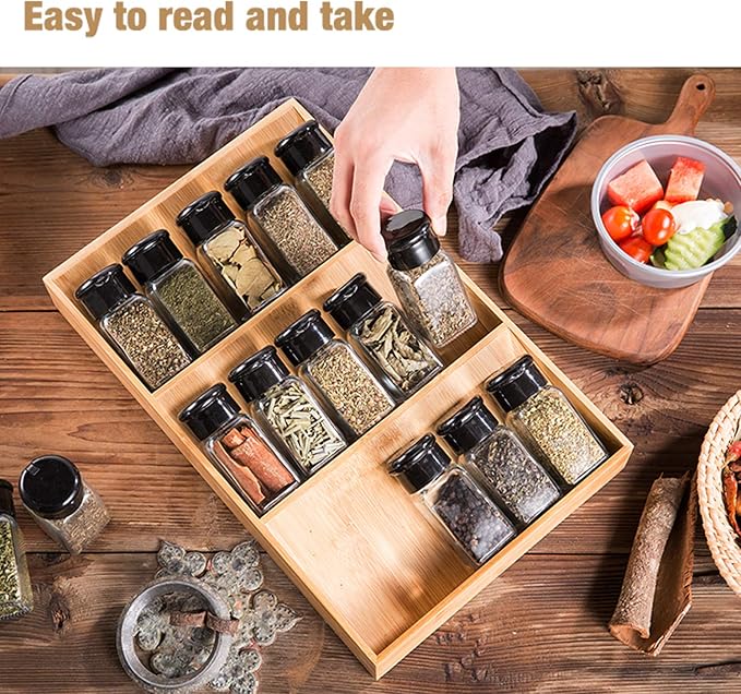 3-Tier Bamboo Drawer Spice Rack Wooden Kitchen Cabinet Spice Organizer Spice Jar Holder, Medicine/Health Care/Vitamin Bottles Storage Rack (Pre-Measure Drawer Dimensions), 1 Pack Drawer Rack