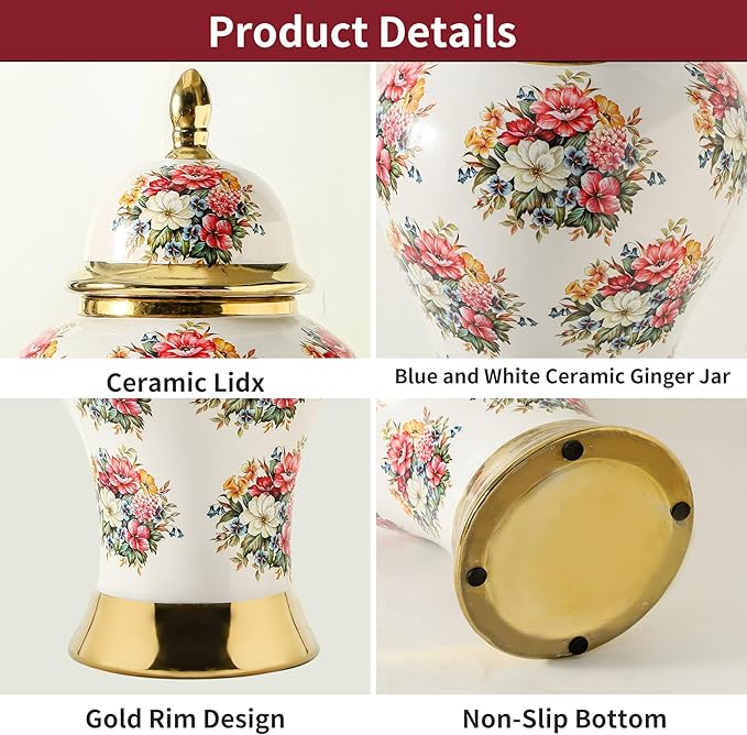 Ginger Jars for Home Decor, White Gold Ceramic Vase with Colorful Floral Pattern, Handmade Decorative Flower Vase with Lid for Home, Kitchen, Office, Table, Bookshelf, Mantle Fireplace,(18in)