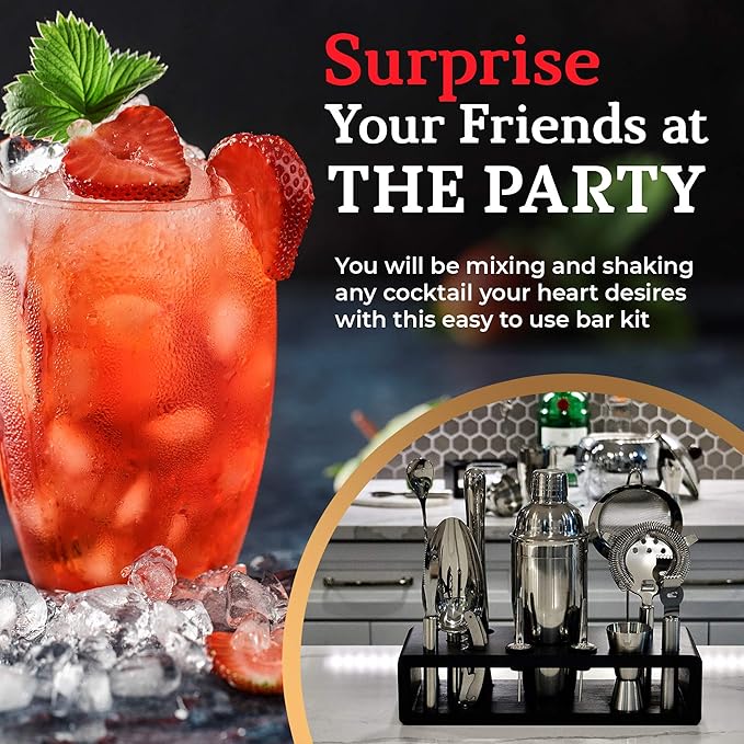 Highball & Chaser 13-Piece Cobbler Cocktail Shaker Set Stainless Steel Mixology Bartender Kit With Stand For Home Bar Cocktail Set | Laser Engraved Cocktail Tools | Plus Ebook with 30 Cocktail Recipes