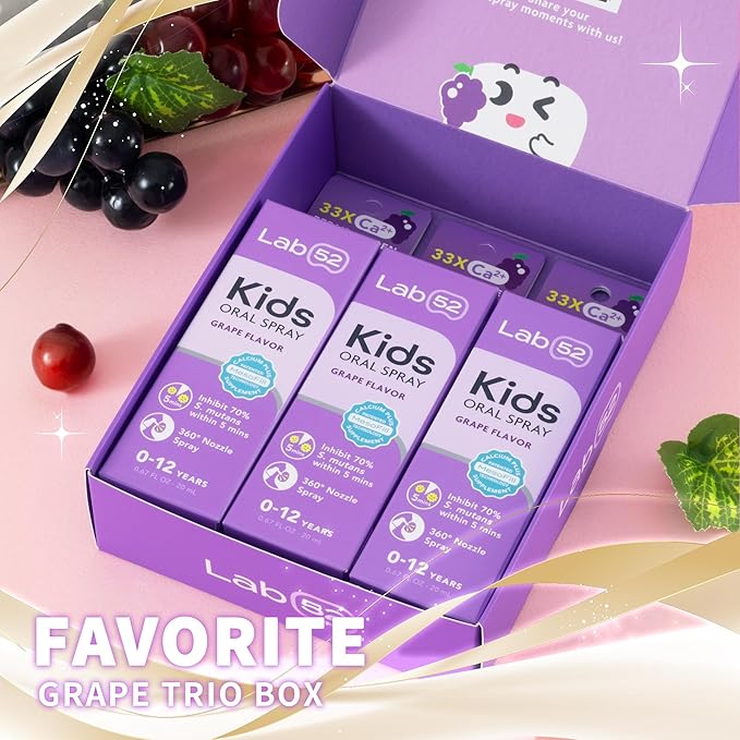 LAB52 Kids Oral Spray Gift Box, Toddler Toothpaste Helper for Daily Oral Care and Fresh Breath, Children Approved with Fluoride Free for Newborn to Preschoolers, Xylitol Grape Flavor (3 Packs)