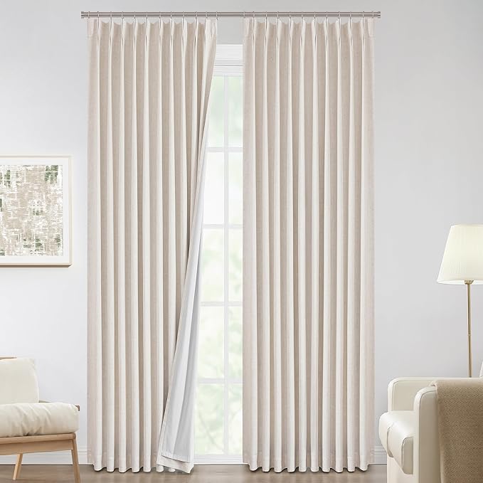 Vision Home Natural Pinch Pleated Full Blackout Curtains Linen Blended Room Darkening Window Curtains 120 inch for Living Room Bedroom Thermal Insulated Pinch Pleat Drapes with Hooks 60" Wx120 Lx1