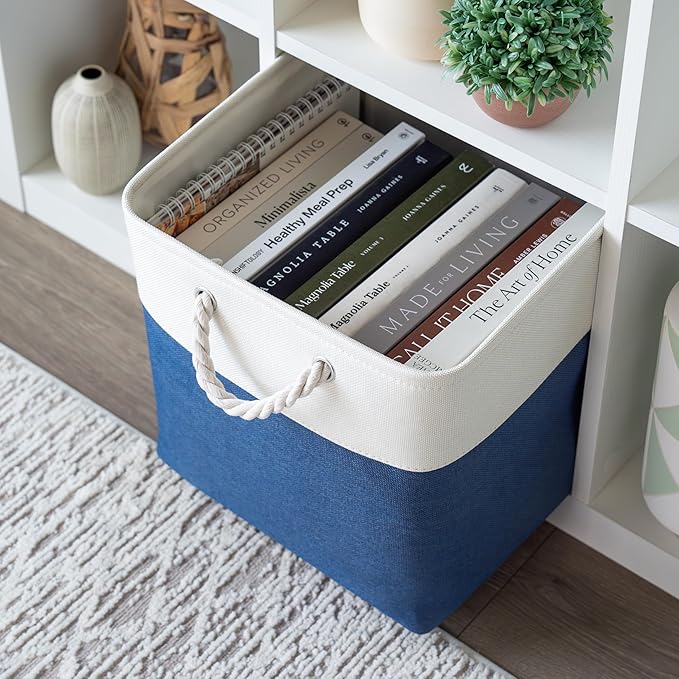 OrganiHaus 13x13 Cube Storage Bins 4 Pack, Foldable Cube Storage Organizer w/ Rope Handles, Collapsible Fabric Bins for Toys, Clothes & Closet Organization, Fabric Square Baskets - Navy Blue