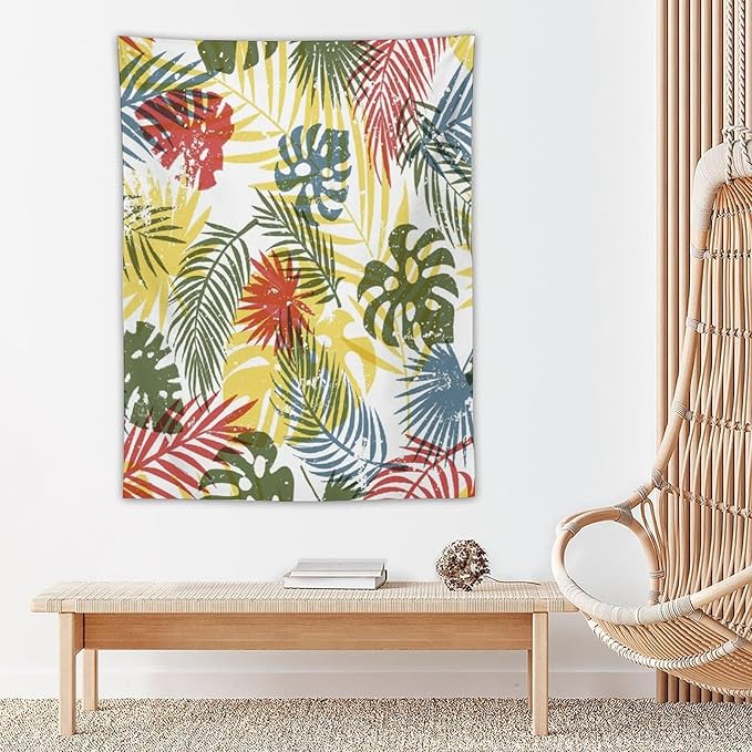 ICMOLYYENLO Boho Green Leaves Tapestry, Mid Century Abstract Tropical Palm Leaves Modern Minimalist Geometric Wall Hanging, Neutral Home Decor Art for Living Room Bedroom Dorm 50x60 Inch