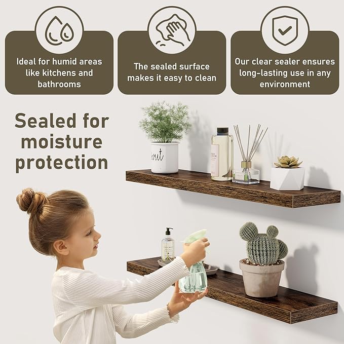 Fun Memories 55 Inch Floating Shelves for Wall 2 Pack Shelves for Bedroom|Kitchen|Bathroom 55 x 9.3 Inch Wood Floating Shelf with Invisible Brackets for Books|Storage|Decor, Rustic Brown