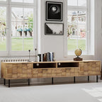 Modern TV Stand for TVs up to 85", Mid-Century Media Console with Checkered Cabinet Doors, Storage Drawers & Open Shelves, Wood Entertainment Center with Metal Legs