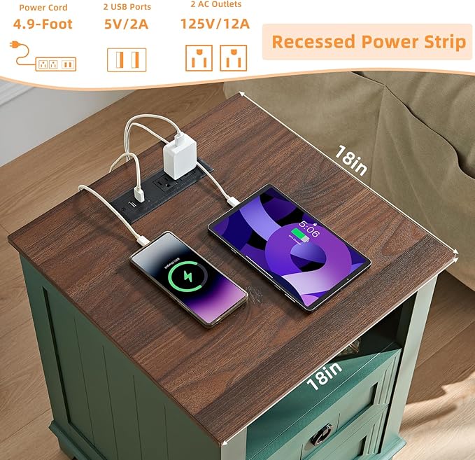 18" Farmhouse Night Stand with Charging Station, 2 Drawers Bedside End Table, Green Wooden Nightstand, Bed Side Table Cabinet with Open Shelf for Bedroom Living Room Office