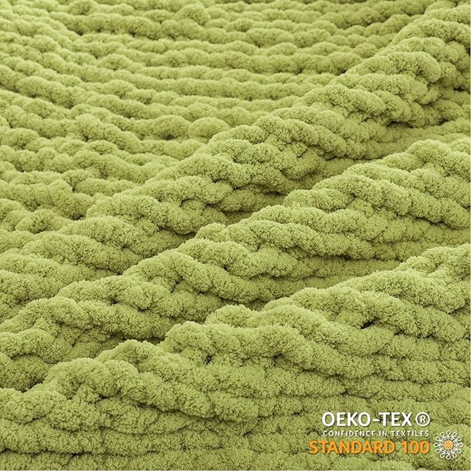 WESHIONGOO Chunky Knit Blanket Throw 50"×60" Knitted Throw Blankets for Couch Bed Fluffy Soft Blanket with Jumbo Chenille Yarn Thick 100% Handmade (Lime Green)