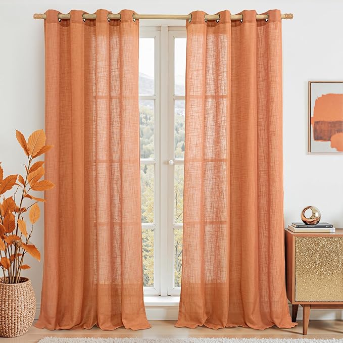 LAMIT Burnt Orange Linen Curtains for Living Room, 90 Inches Long Light Filtering Semi Sheer Panels Neutral Boho Farmhouse Drapes with Bronze Grommet for Living Room, 2 Panels, 52 x 90 Inch