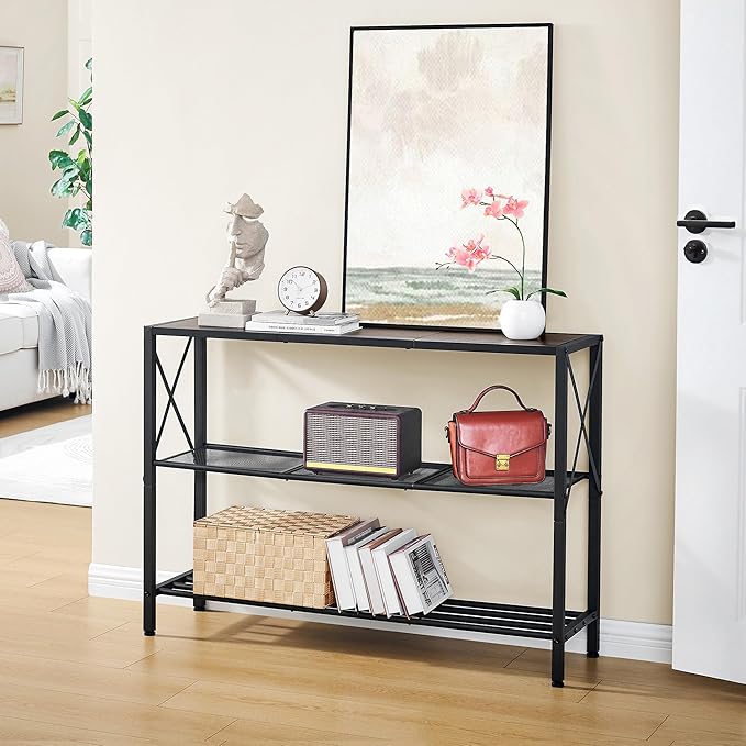 Hoctieon Industrial Console Table, 3 Tier Entryway Table, Hallway Table, Narrow Sofa Table with Shelves, Entrance Table for Entryway, Living Room, Foyer, Hallway, Office, Grey
