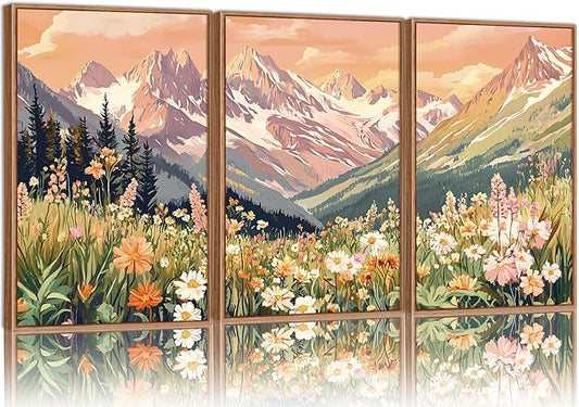 SIGNINART Vintage Floral Framed Canvas Wall Art Set, Large Mountains Nature Landscape Wall Decor, Bohemian Wildflower Forest Artwork, Pink Ridge Art Printing for Living Room Bedroom Office 16"x24"x3