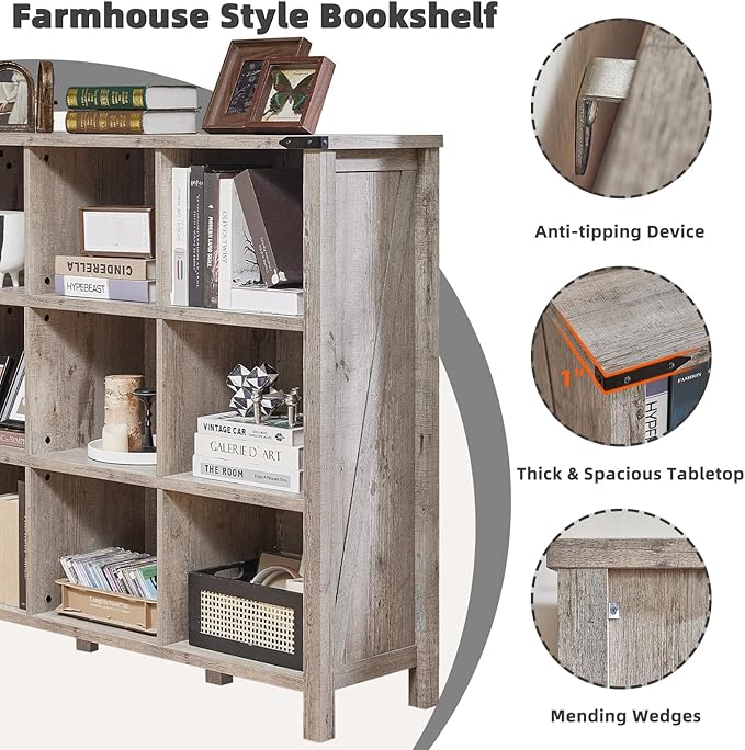 9 Cube Bookcase, Farmhouse 47 Inch Wide Grey Oak Bookshelf, Wooden 3 Tier Display Large Open Book Shelf, Vintage Horizontal Book Case for Home Office, Cubby Storage Cabinet for Living Room