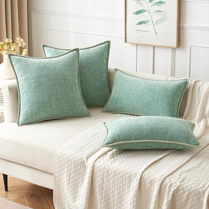 MIULEE Pack of 2 Couch Throw Pillow Covers 18x18 Inch Greyish Green Farmhouse Decorative Pillow Covers with Stitched Edge Soft Chenille Solid Dyed Spring Pillow Covers for Sofa Bed Living Room