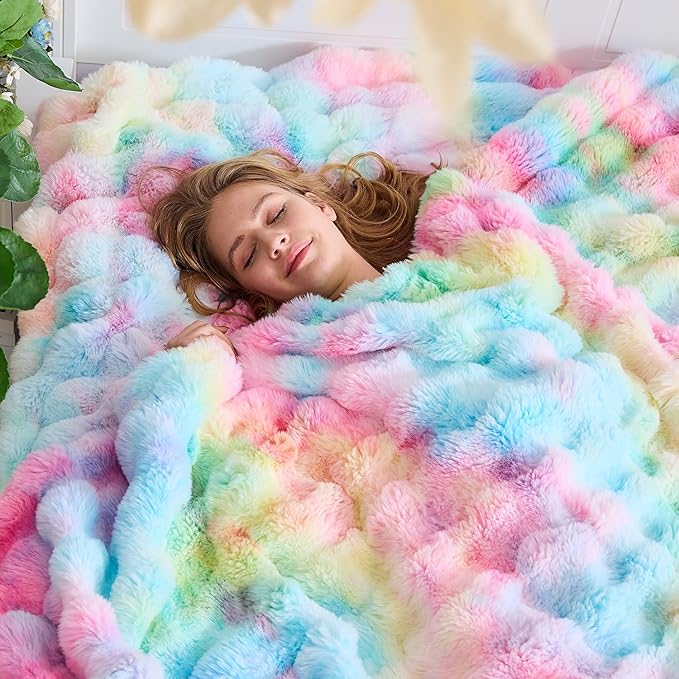 Lotus Karen Queen Size Faux Fur Blanket Rainbow - Big Bubble Rabbit Fluff Blanket for Bed, Large Fluffy Fuzzy Cozy Blanket, Thick Furry Plush Shaggy Blankets, 90x90 Inches