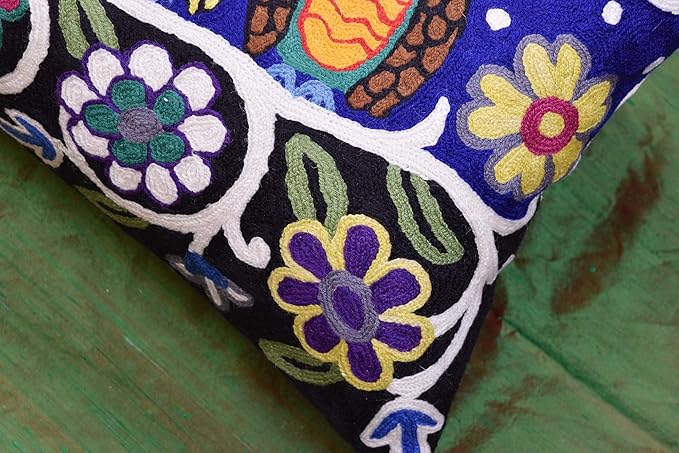 Lumbar Four Owls Decorative Pillow Cover Blue Whimsical Hand Embroidered Wool 14x20