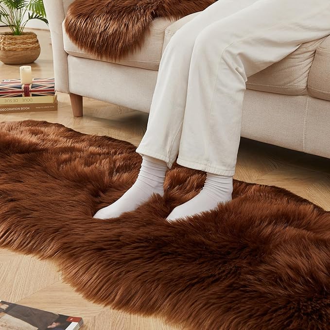 AMTOVO Faux Sheepskin Rug, Coffee Ultra Soft Fluffy Shag Area Rug, 2 x 6 ft Faux Fur Rug for Bedroom Sofa Throw Cushion Room Decor, Sheepskin