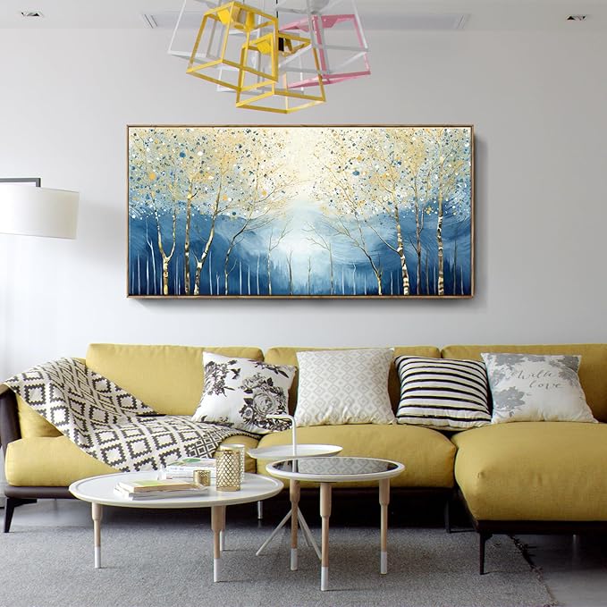 amatop Extra Large Framed Wall Picture for Living Room Abstract Forest Canvas Art Print Modern Landscape Tree of Life Picture Oversized Birch Artwork Bedroom Home Office Decor Blue Orange 58x29 Inch