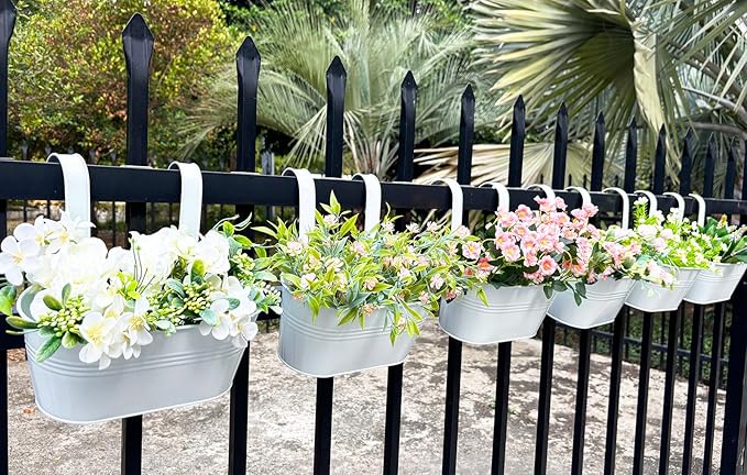 10" Hanging Flower Pots, Pack of 6 White Metal Outdoor Patio Balcony Planter, Railing Planters Fence Pot with Detachable Hook & Drainage Hole for Small Plants (White, 6Pcs)