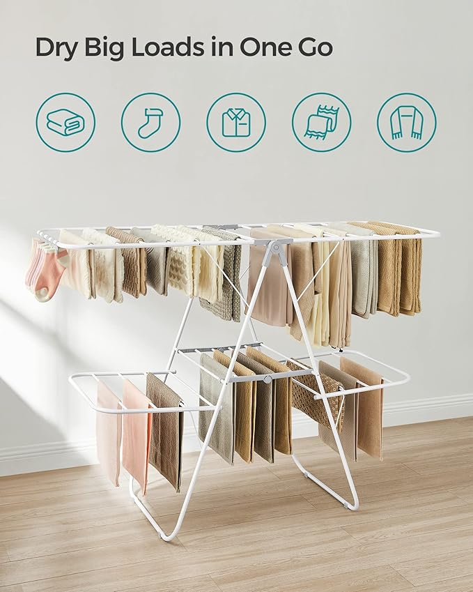 SONGMICS Clothes Drying Rack, Foldable 2-Level Laundry Drying Rack, Free-Standing Laundry Airer, with Height-Adjustable Wings, 33 Drying Rails, Sock Clips, White and Gray ULLR053G01V1