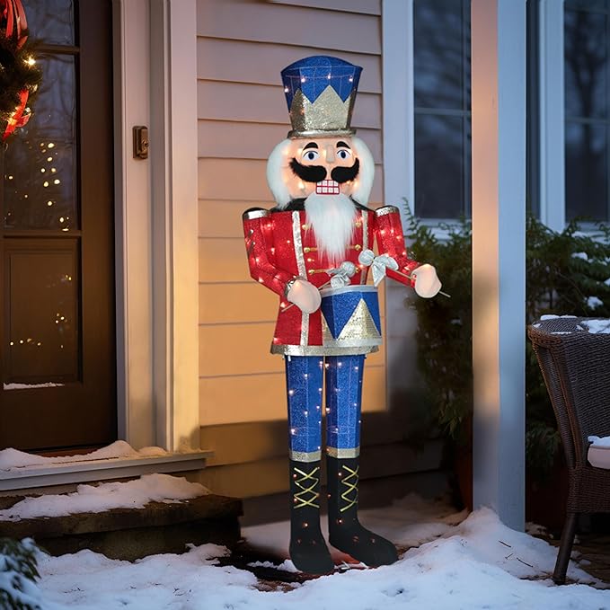 5FT Lighted Nutcracker with Drum for Christmas Decoration, Pre-Lit 3D Iridescent Soldier Xmas Decor with 100 Warm White Lights, Glittered Standing Holiday Display for Outdoor, Indoor