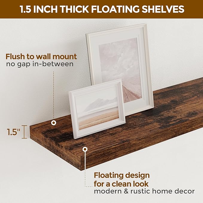 Fun Memories 16 Floating Shelves, 9 Inch Deep Wall Shelf for Bathroom, Rustic 16 x 9 Floating Shelf for Kitchen, Bedroom, Wide Wooden Shelves Wall-Mounted, Rustic Brown Color, Set of 2