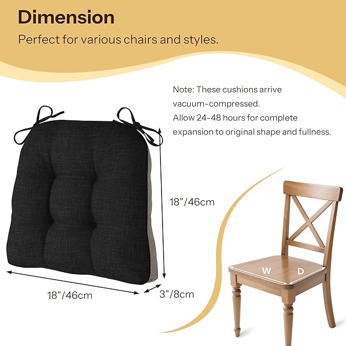 Non Slip Chair Cushions for Dining Chairs Set of 4 Kitchen Chair Cushions 18"x18"x3" Turfted Chair Pads Comfortable and Soft Seat Cushion with Ties, Black