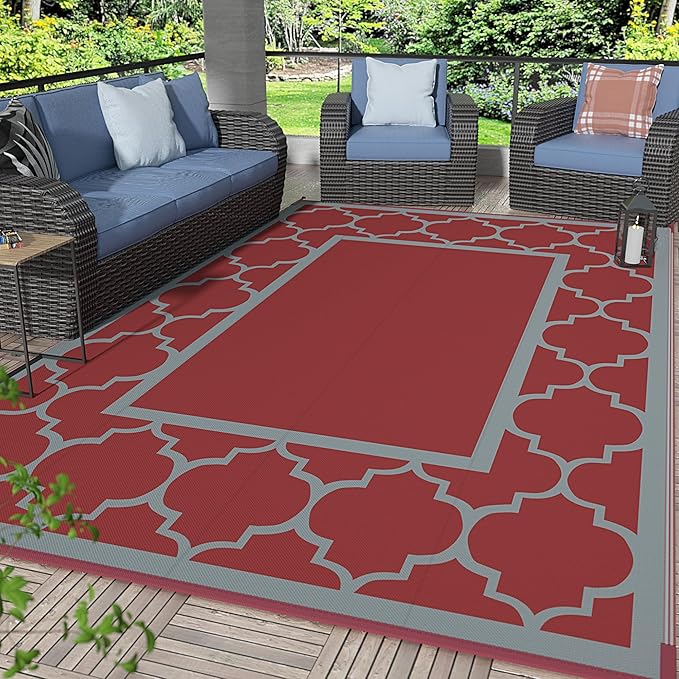 GENIMO 5' x 8' Outdoor Rug Waterproof for Patio Decor, Foldable Reversible Plastic Straw Area Rugs Mat for Camper, Outside Carpet for Rv, Deck, Porch, Picnic, Beach, Balcony, Red & Grey