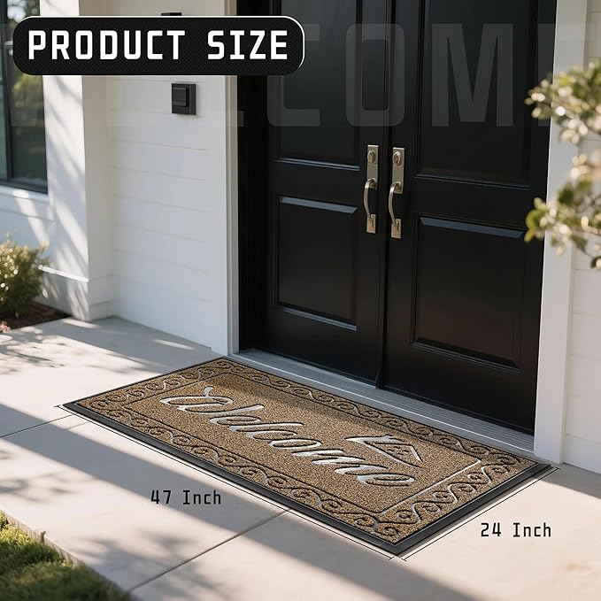 Yimobra Welcome Mat, Heavy Duty Sturdy Door Mats for Home Entrance Outdoor Indoor, Front Doormat for Outside Patio Floor Entry Porch Garage Office, Waterproof, Low Profile, 47 x 24, Beige Brown