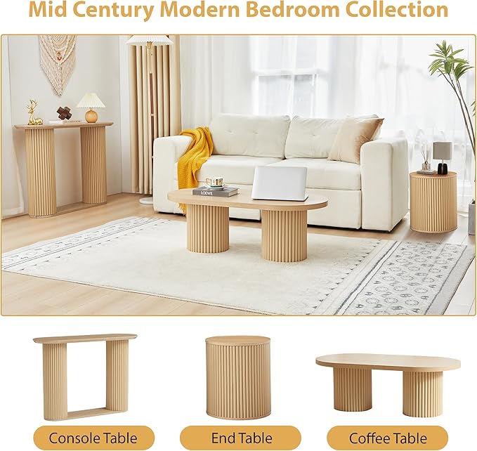 AVZEAR Small Round Side Table Fluted Night Stand Set of 2, Modern Boho End Table with Storage, Circle Bedside Tables Wood Nightstands for Small Spaces, Living Room, Bedroom (Nature)