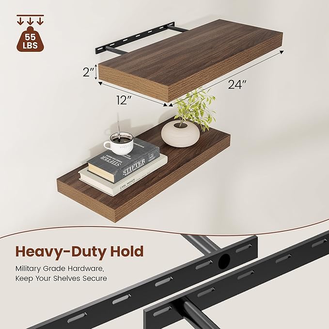 Wide Floating Shelves for Wall 12 Inch Deep, 24" X 12" X 2" Floating Shelf, 2 Inch Thick Shelf for Bathroom Bedroom Kitchen Book Room, Heavy Duty 55lbs Shelves for Farmhouse Decor Set of 2, Walnut