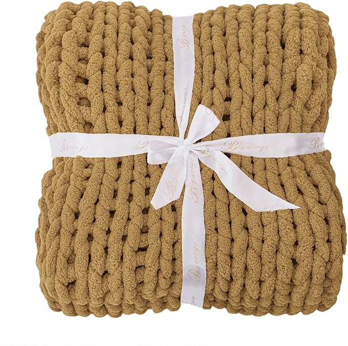 Bigacogo Chunky Knit Throw Blanket for Couch, 51x63 inches, 100% Hand Knitted with Thick Jumbo Chenille Yarn, Cozy Soft Large Rope Knot Cable Crochet Blankets for Sofa Bed Living Room, Goldenrod