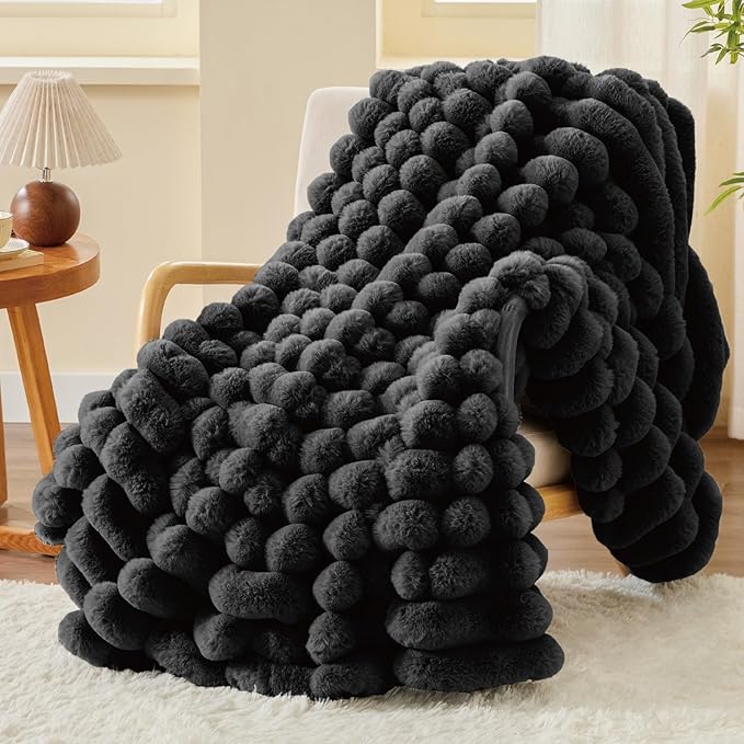 BEDELITE Faux Fur Throw Blanket for Couch, Soft and Cozy Luxurious 3D Striped Fluffy Blanket, 770GSM Thick Warm Plush Fuzzy Faux Rabbit Fur Blanket for Women Gift (Black, 50"x 60")
