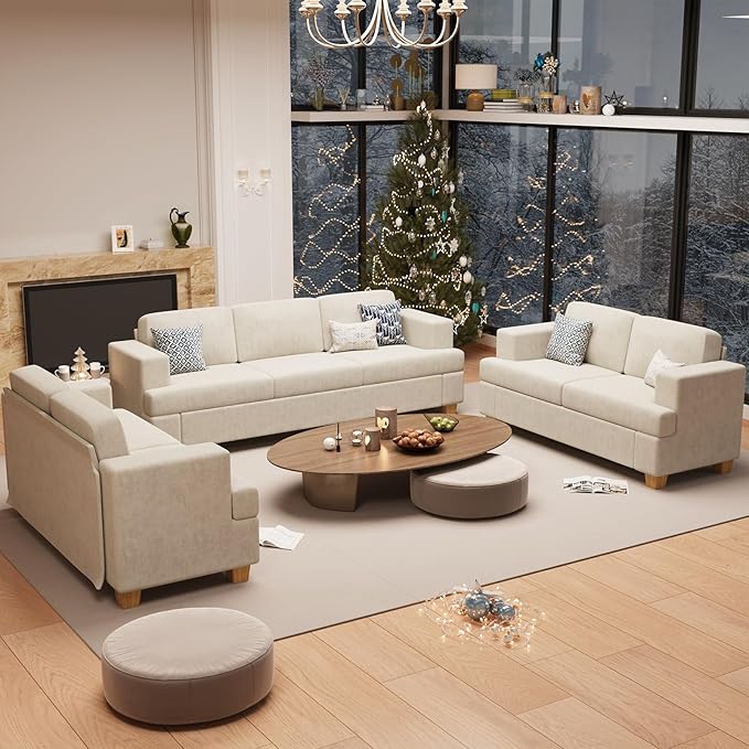 Sofa, 89" 3-Seater Deep Seat Sofa, Modern Comfy Couches for Living Room Apartment Lounge, Beige Chenille