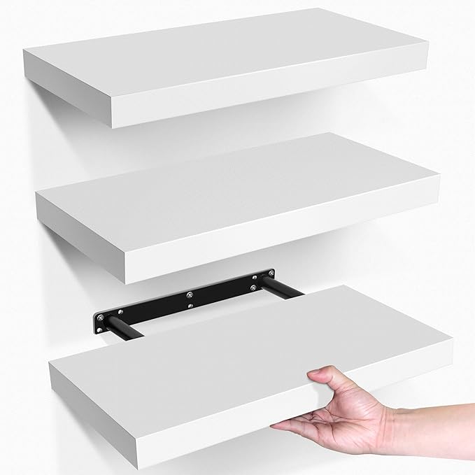 LaVie Home Floating Shelves, 15.6 Inch Wall Shelf Set of 3, Hanging Shelf with Invisible Brackets, Wall Decor for Bathroom, Bedroom, Living Room, Kitchen Storage, Modern White