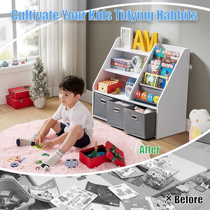 Wood Kids Bookshelf, Toy Organizer with Bookshelf, Montessori Toy Shelf W/Sling Rack & Fabric Toy Bins, Toy Storage Organizer for Toddler Children, Wooden Book Shelf for Kids Room Playroom