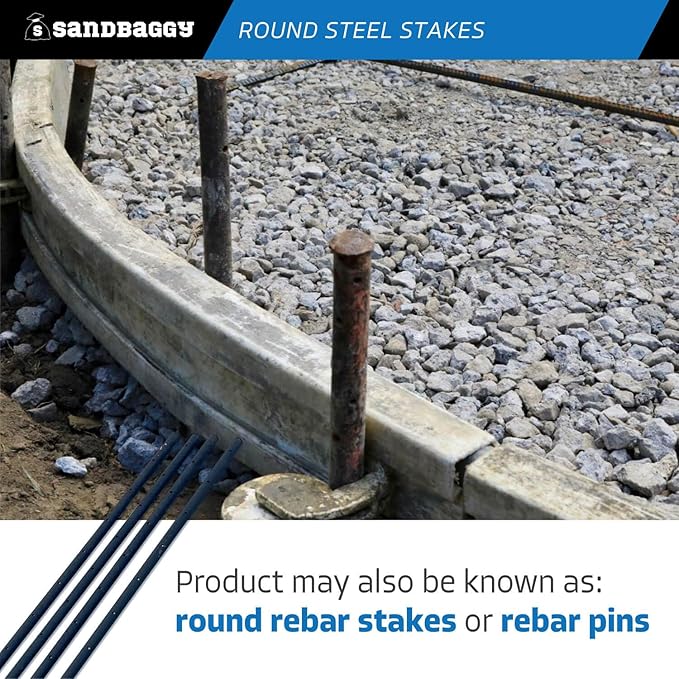 Sandbaggy Round Steel Concrete Form Stakes with Nail Holes - Rust Resistant Coating - Removable, Reusable (5, 3/4 in X 48 in)