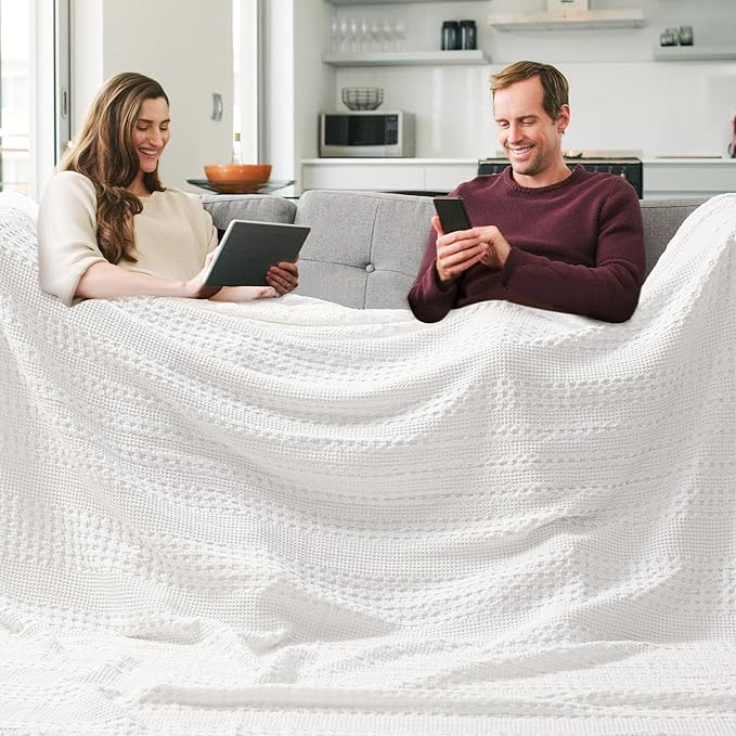 PHF 100% Cotton Waffle Blanket Oversized King 120"x120", Lightweight Breathable Extra Large 10'x10' Summer Blankets for Bed, Giant Big Luxury Aesthetic Woven Bedding for Home Decor, White